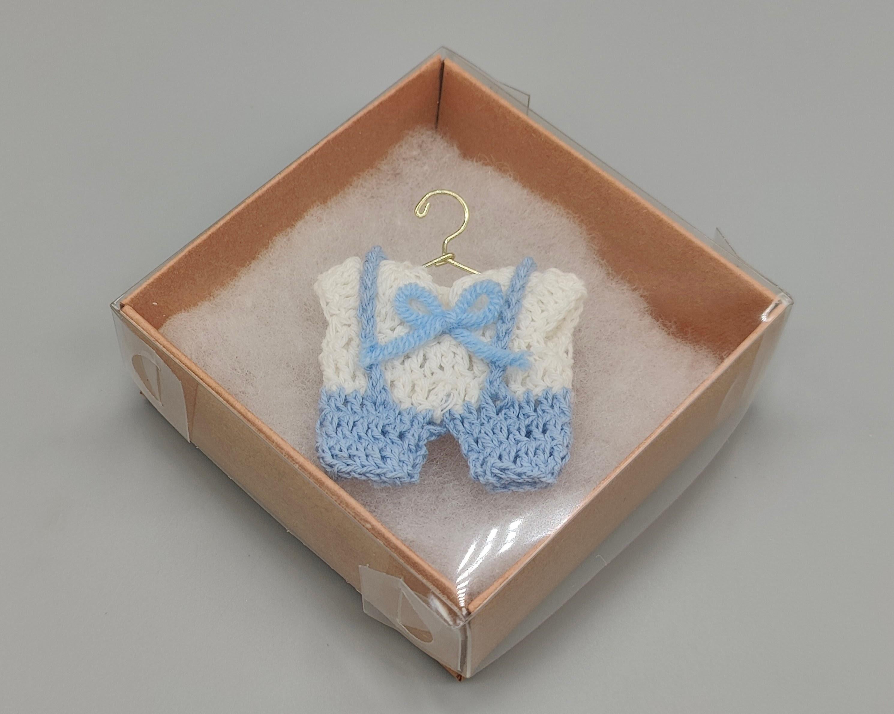 Set of 6 Mini Crochet Baby Overall Favors with bowtie - Baby Shower, Gender Reveal, Baby Welcome - Hanger and box options available!