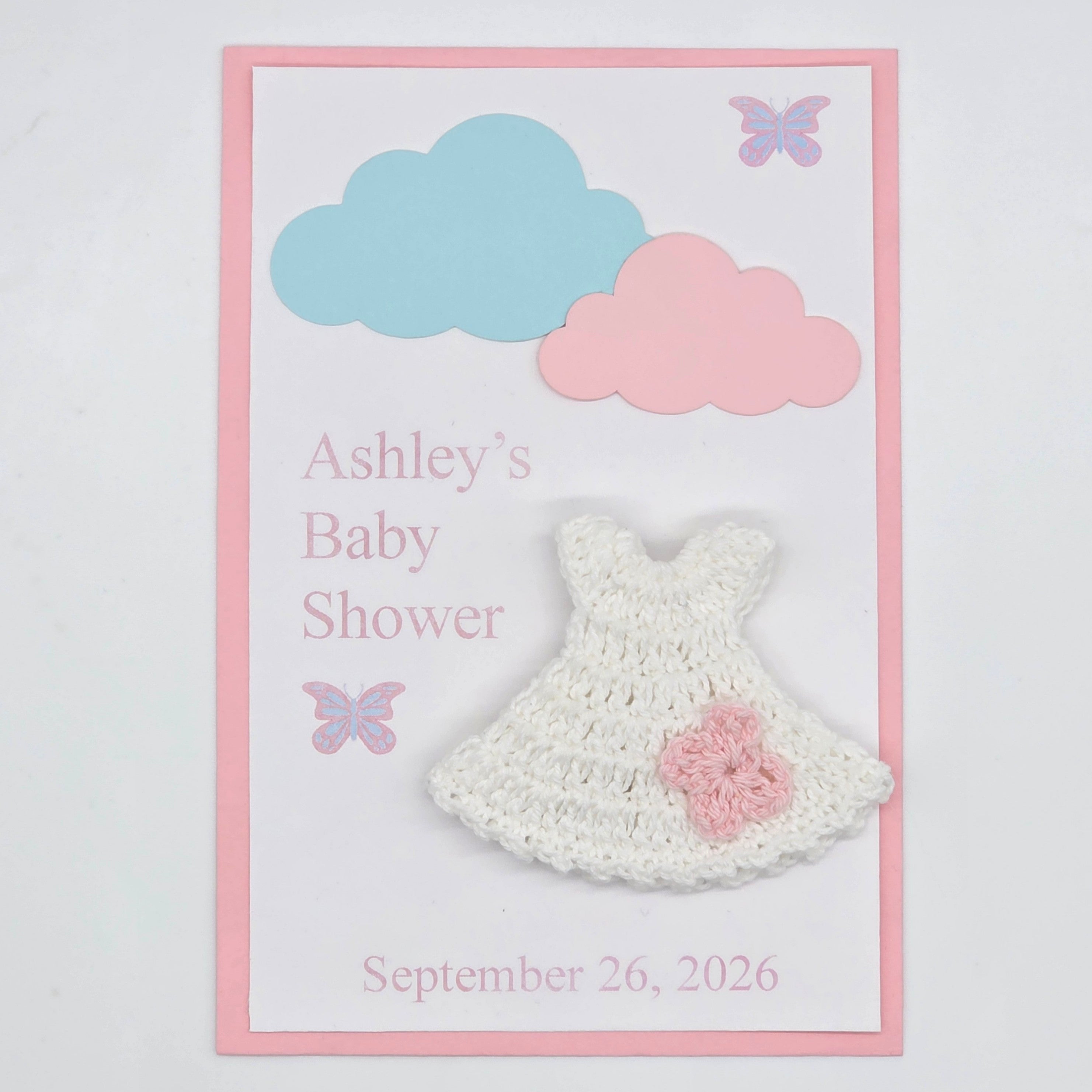Personalized Baby Shower Party Favor Set of 6 | Tiny Crochet Dress Card Keepsakes in Cello Bag | Custom Baby Shower Party Gift