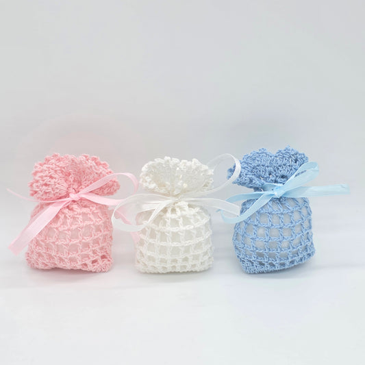 Mini Crochet Favor Bags Set of 6 | Party Favors & Party Gift Bags for Baby Shower, Weddings & Bridal Events - Baby Pink, White, or Baby Blue
