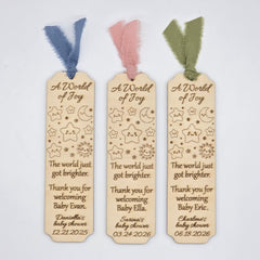 12 Personalized wood Baby Shower party favor bookmarks - Custom star moon celestial party gifts - Pink Blue Sage ribbon accent options