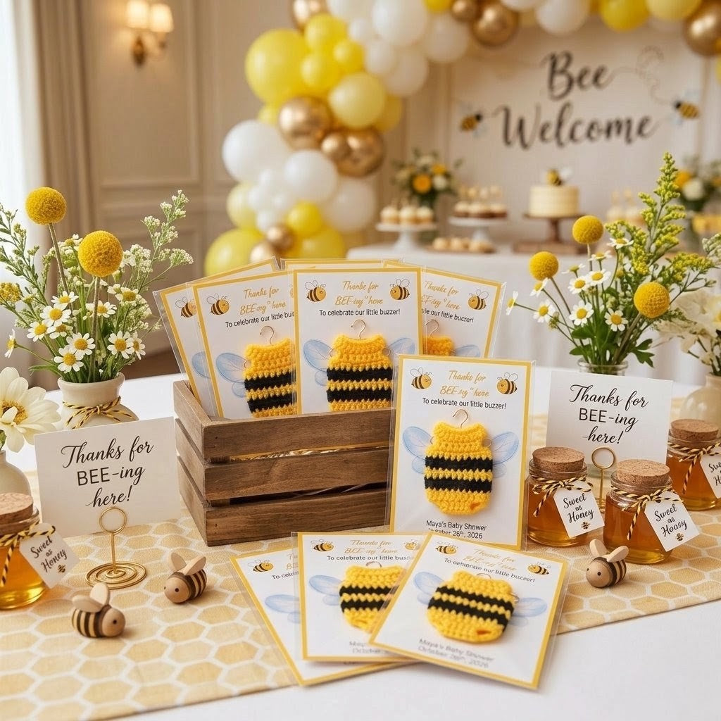 Personalized Bee Baby Shower Favors Set of 12 Crochet Bee Onesie Thanks for Bee-ing Here Card Bumble Bee Theme