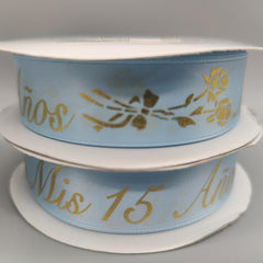 Mis 15 Años Sky Blue Satin Ribbon: Gold Spanish Text, Quinceañera - 25Y