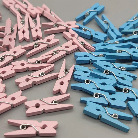 50 Mini Wooden Baby Clothespins – Pink or Blue, Baby Shower Favors