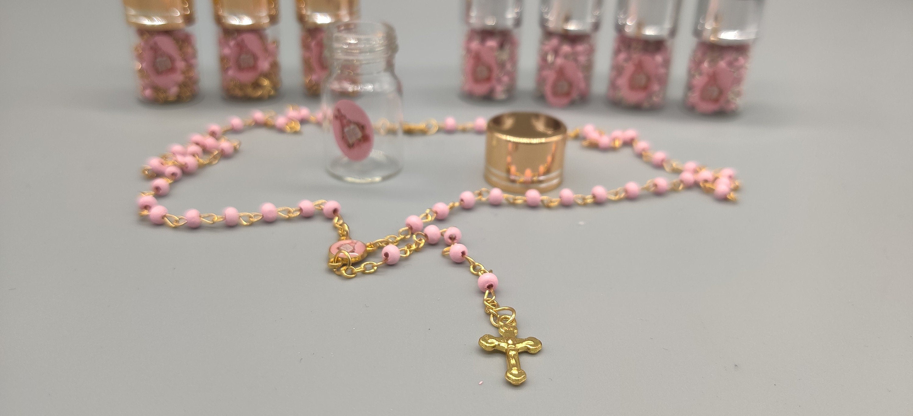 Baptism Favor - Baby Pink Beaded Rosary Necklace Crucifix Elegant Glass bottle Set of 12 - Choice of Gold or Silver - Recuerdos de Bautizo
