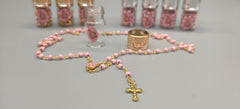 Baptism Favor - Baby Pink Beaded Rosary Necklace Crucifix Elegant Glass bottle Set of 12 - Choice of Gold or Silver - Recuerdos de Bautizo