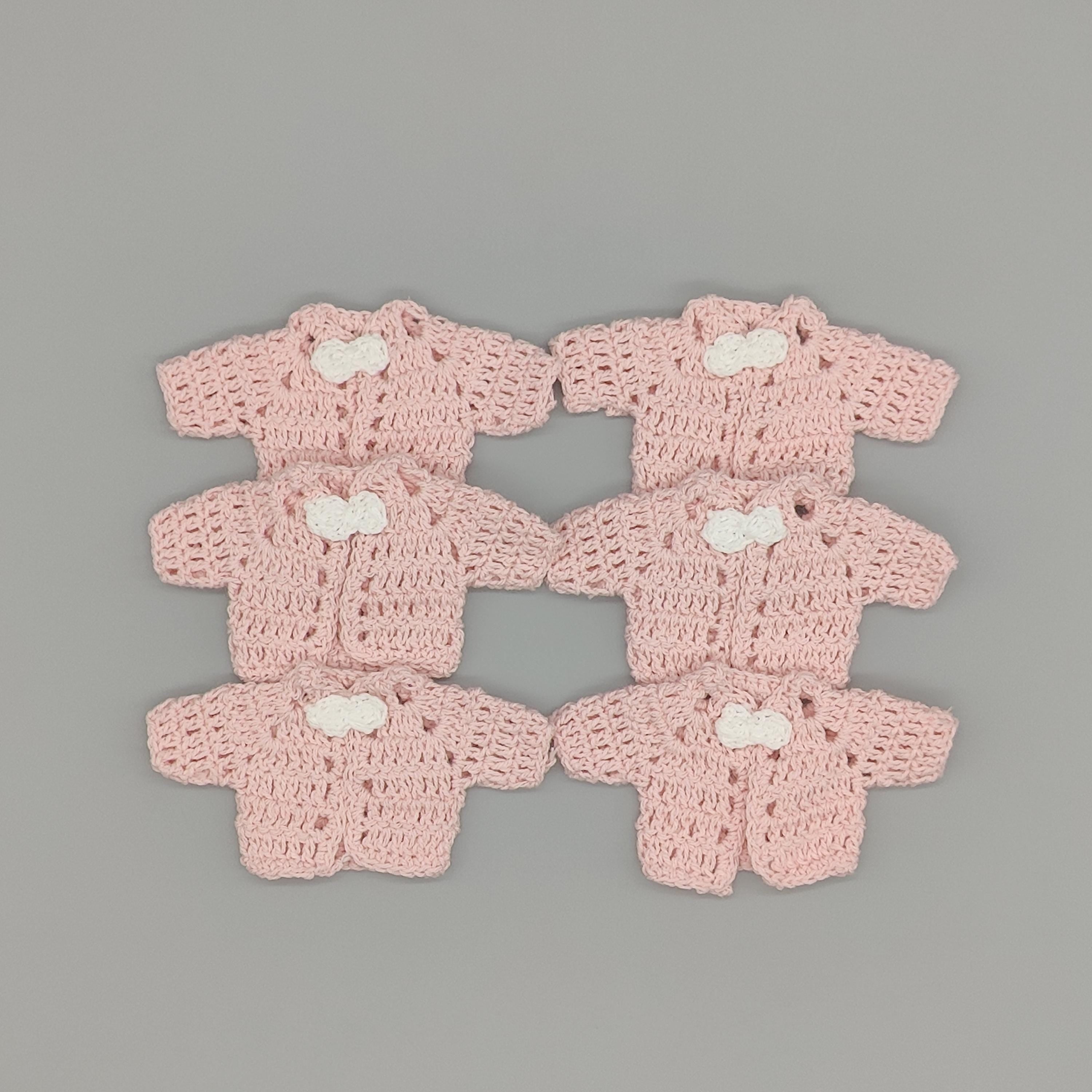 Set of 6 Mini Crochet Baby Jackets in Baby Pink with White Flower & Drawstrings - Shower Favors, Keepsakes, Party Decor