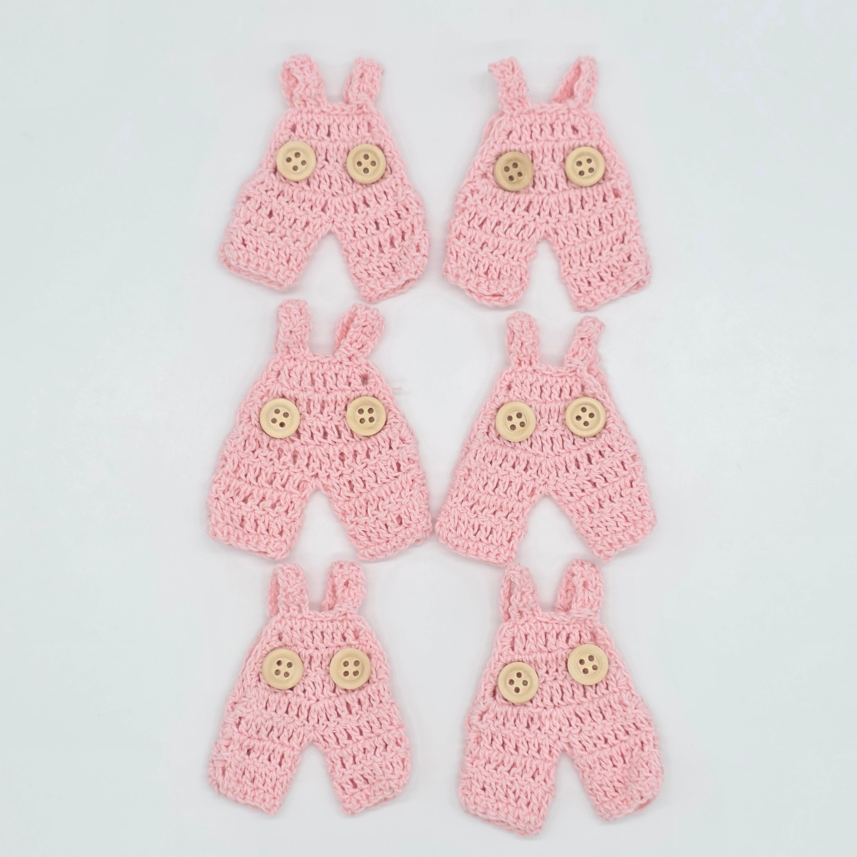 Mini Crochet Pink Overalls Set of 6 Party Gifts - Tiny Pink Party Favor for Baby Showers & Birthdays! Mini Crochet with Tiny Hangers