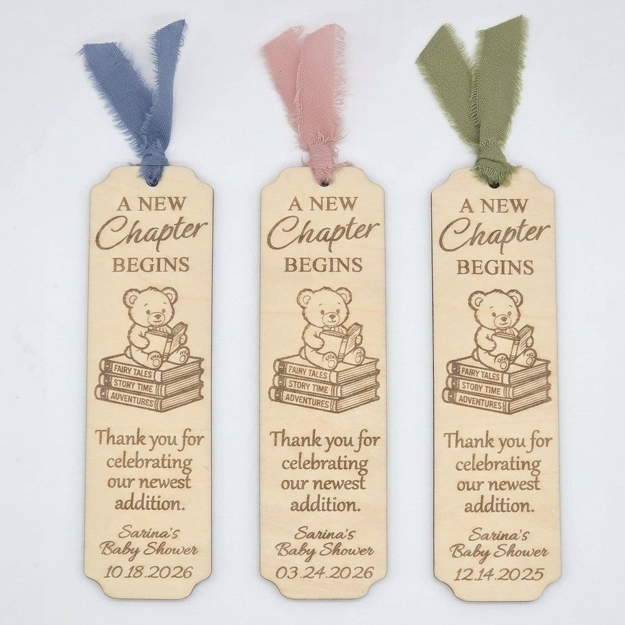 Personalized Baby Shower Bookmark Favors - Laser Cut Wood Bear Theme, A New Chapter Begins, Pink Blue Sage Green Ribbon