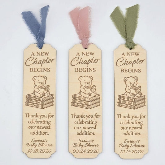 Personalized Baby Shower Bookmark Favors - Laser Cut Wood Bear Theme, A New Chapter Begins, Pink Blue Sage Green Ribbon