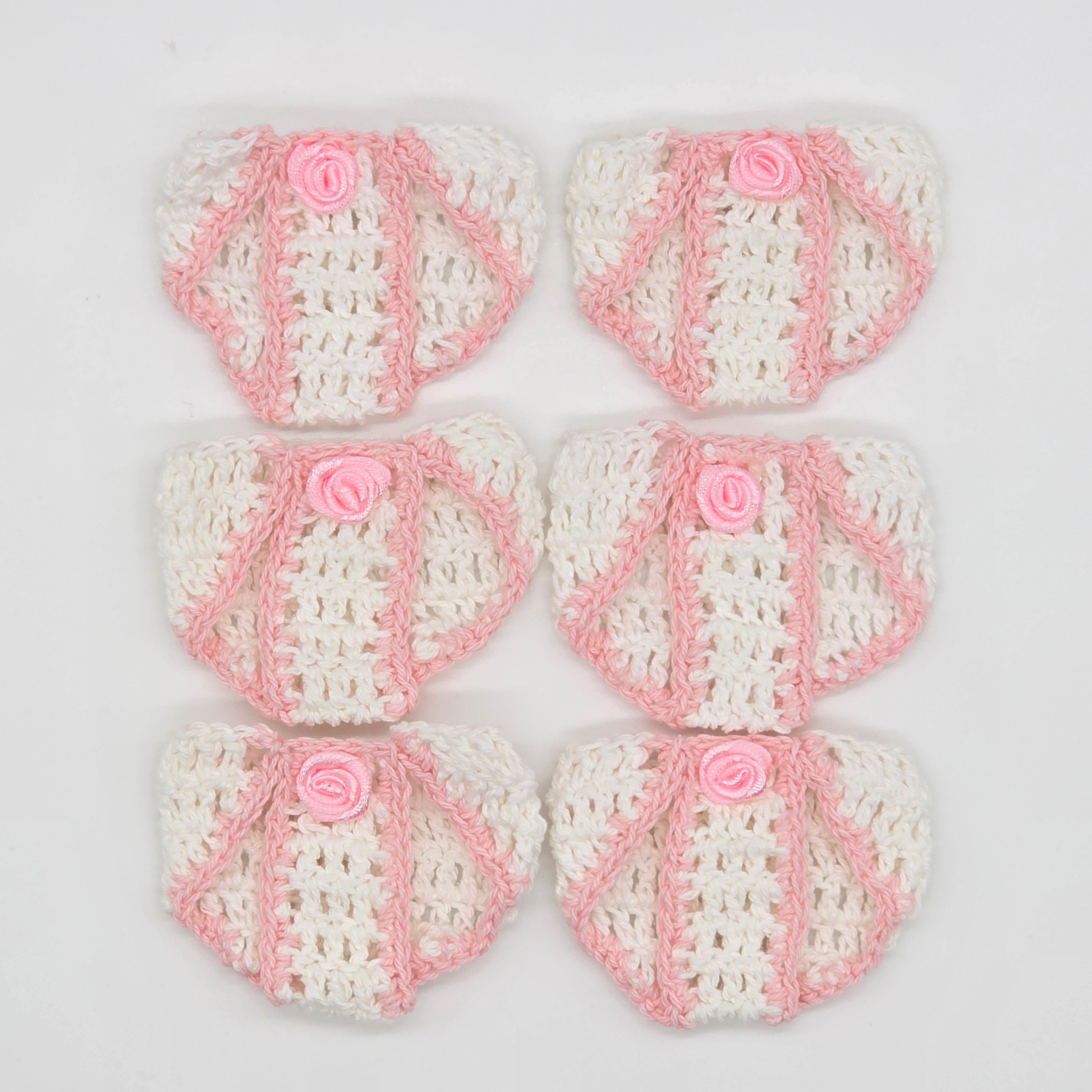Mini Crochet Baby Diaper Party Gifts - Handmade Pink & White Party Favor Diapers for Baby Shower, Gender Reveal, Crafts & Keepsakes - 6 pcs