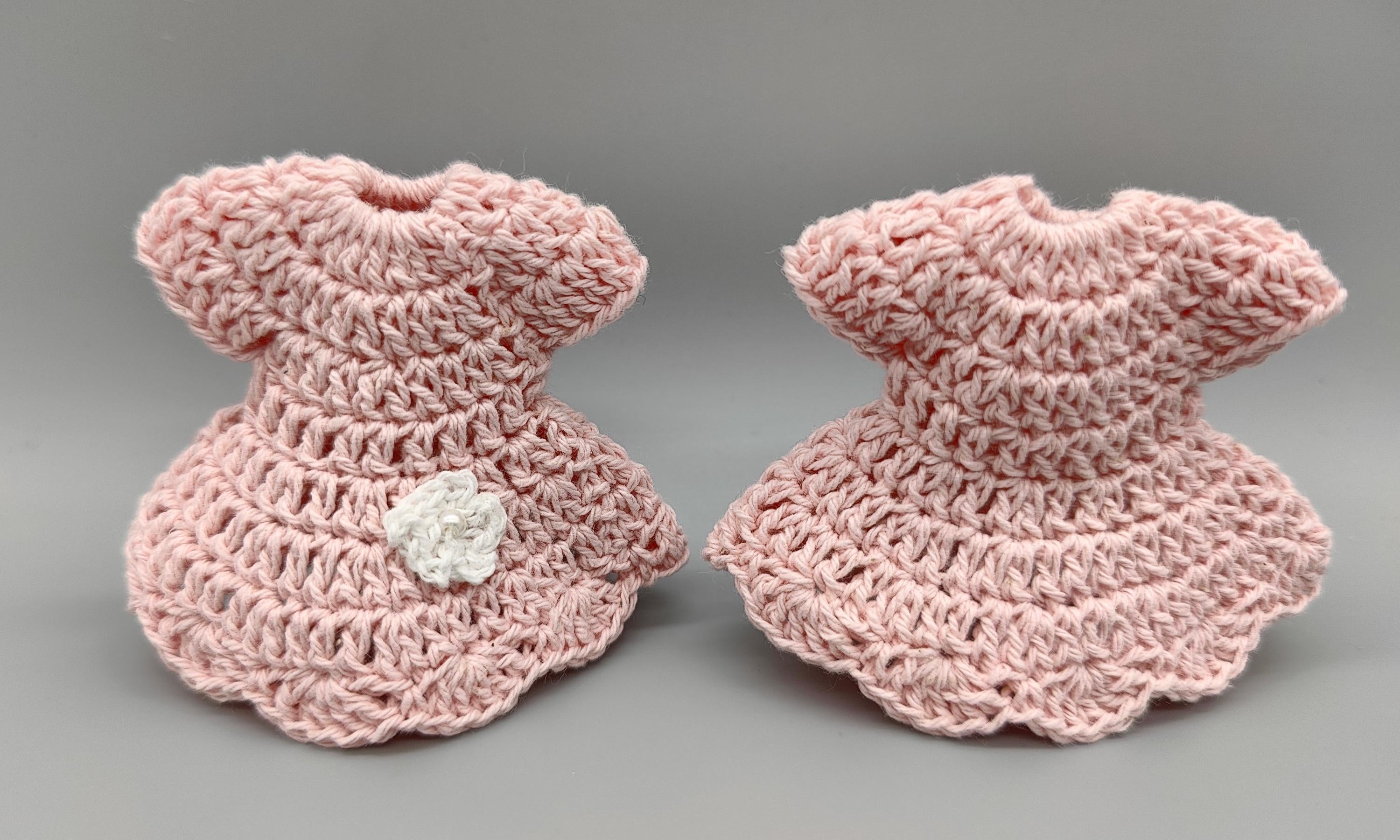 Set of 6 Pink Crochet Baby Dress Favors with White Flower