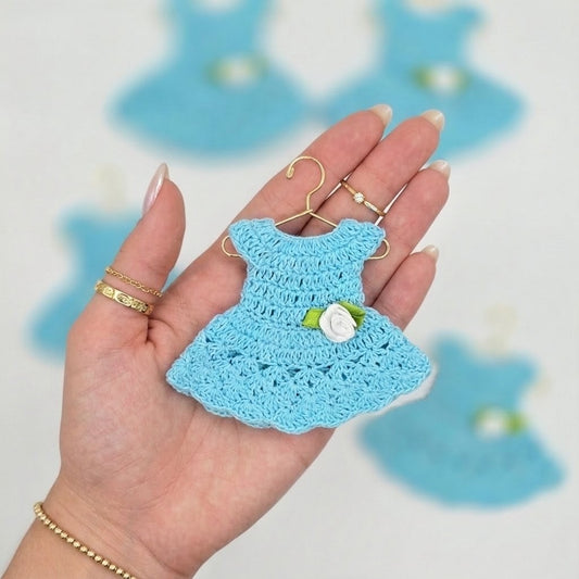 Sky Blue Aqua Blue Mini Crochet Dress Favors, Baby Shower Sweet 16 Quinceanera Decor, Tiny Crocheted Dresses with Gold Hangers and Rack