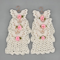 Mini Crochet Dress Favors Set of 6 - White Baby Shower Decor, Christening Decorations, Tiny Crocheted Dress Keepsakes with Hangers/Rack