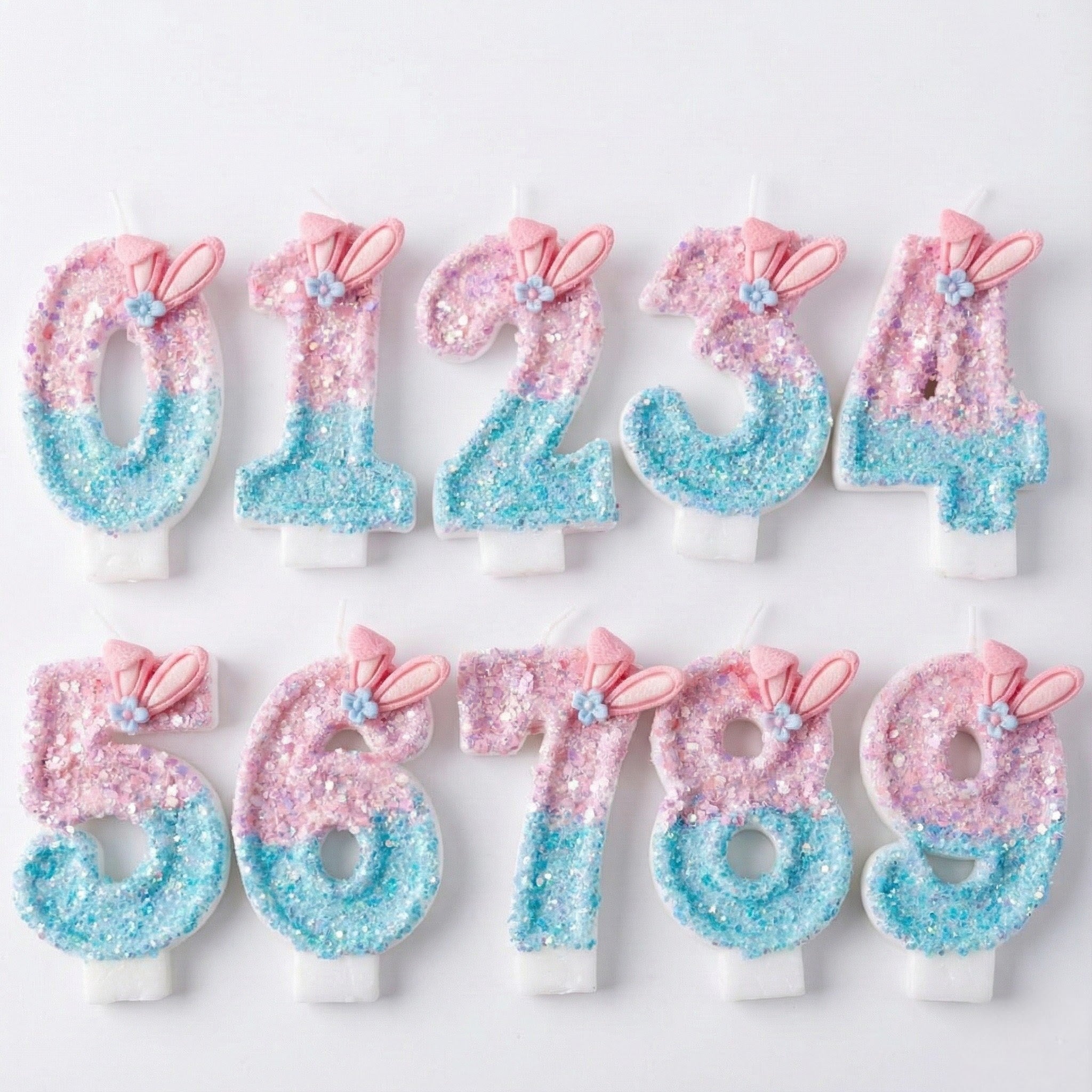 Pink & Blue Ombre Glitter Bunny Ear Number Birthday Candle! Comes in a clear case. Cute kawaii party decor