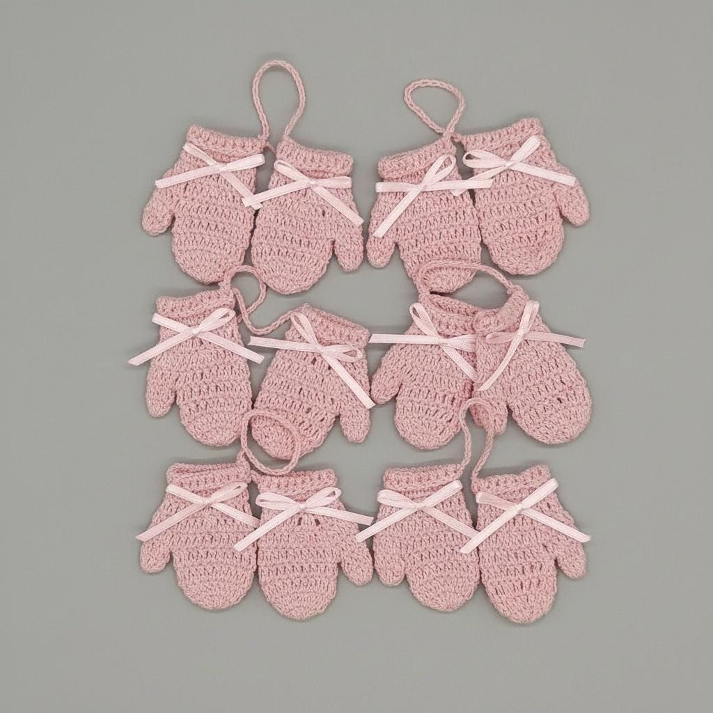 Mini Crochet Baby Pink Mittens Favor - Baby Girl Shower Keepsake - Set of 5 Pairs - Hand-Stitched Mitten Party Favor