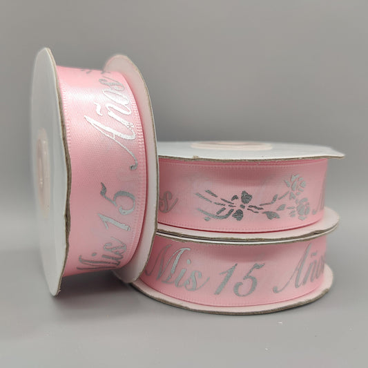 25 Yd Mis 15 Años Ribbon - Pink Satin Quinceañera Party Favors Ribbon with Silver Print - 7/8" Floral Print Decor