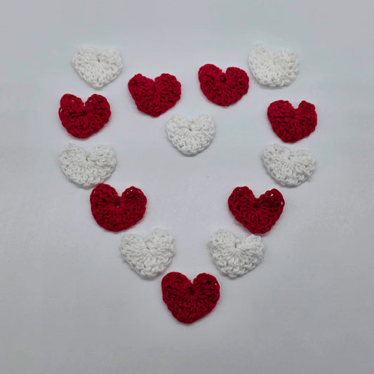 12pc Tiny Crochet Hearts - Mini 1” Handmade Yarn Hearts for Valentine’s Day, Scrapbooking, Crafts & Table Scatter - Red & White Set