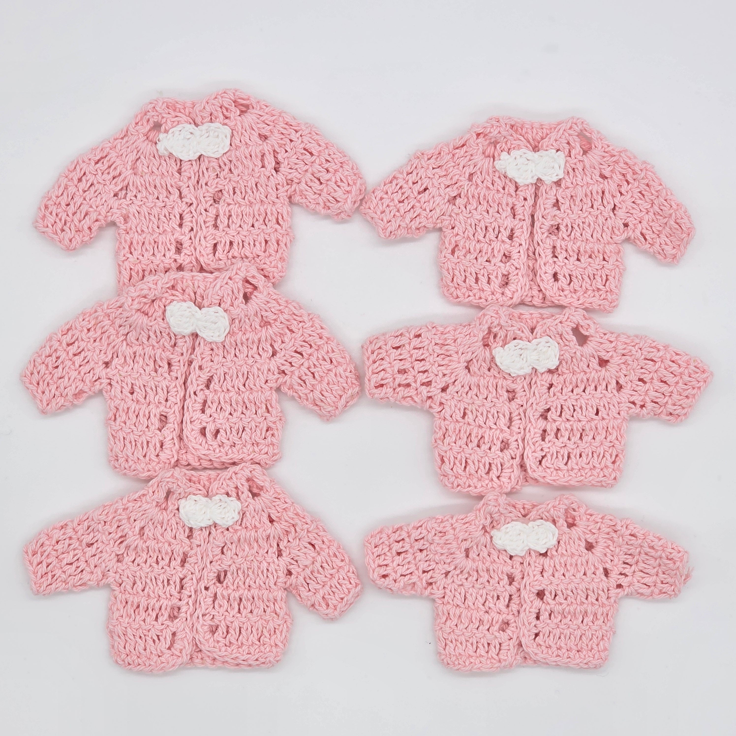 Tiny Crochet Baby Girl Party Gifts - Crochet Party Favors - Pink Mini Cardigans with White Bow Ties - Hanger & Rack Options - Handmade