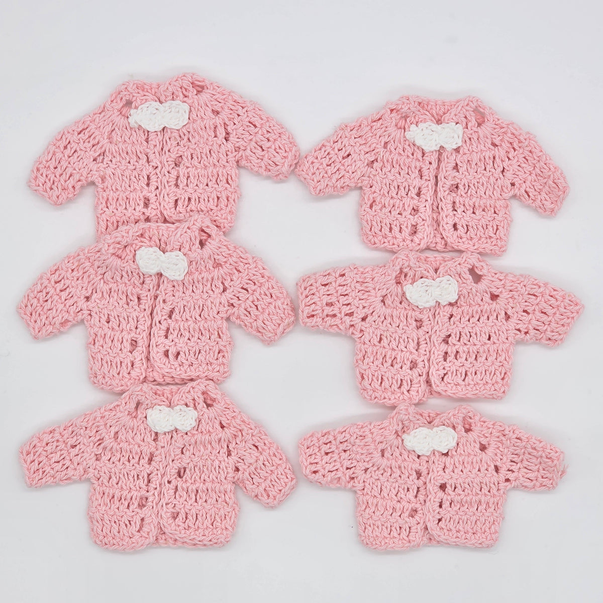 Tiny Crochet Baby Girl Party Gifts - Crochet Party Favors - Pink Mini Cardigans with White Bow Ties - Hanger & Rack Options - Handmade