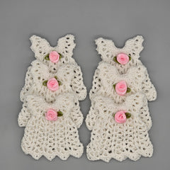 Mini Crochet Dress Favors Set of 6 - White Baby Shower Decor, Christening Decorations, Tiny Crocheted Dress Keepsakes with Hangers/Rack