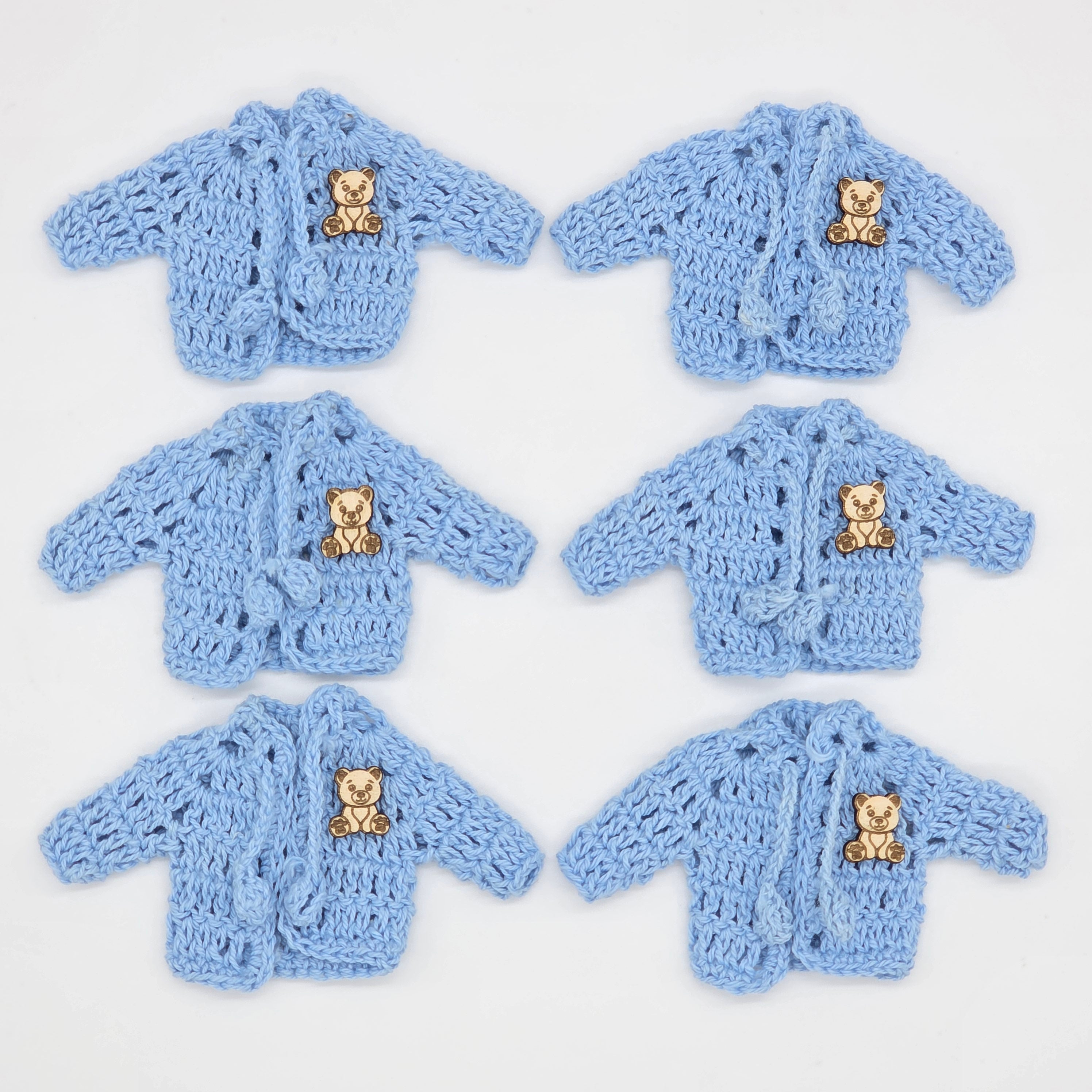 6pc Baby Blue Mini Crochet Jacket Party Gift & Party Favors with Teddy Bear Charms for Baby Shower, Baptism, Gender Reveal