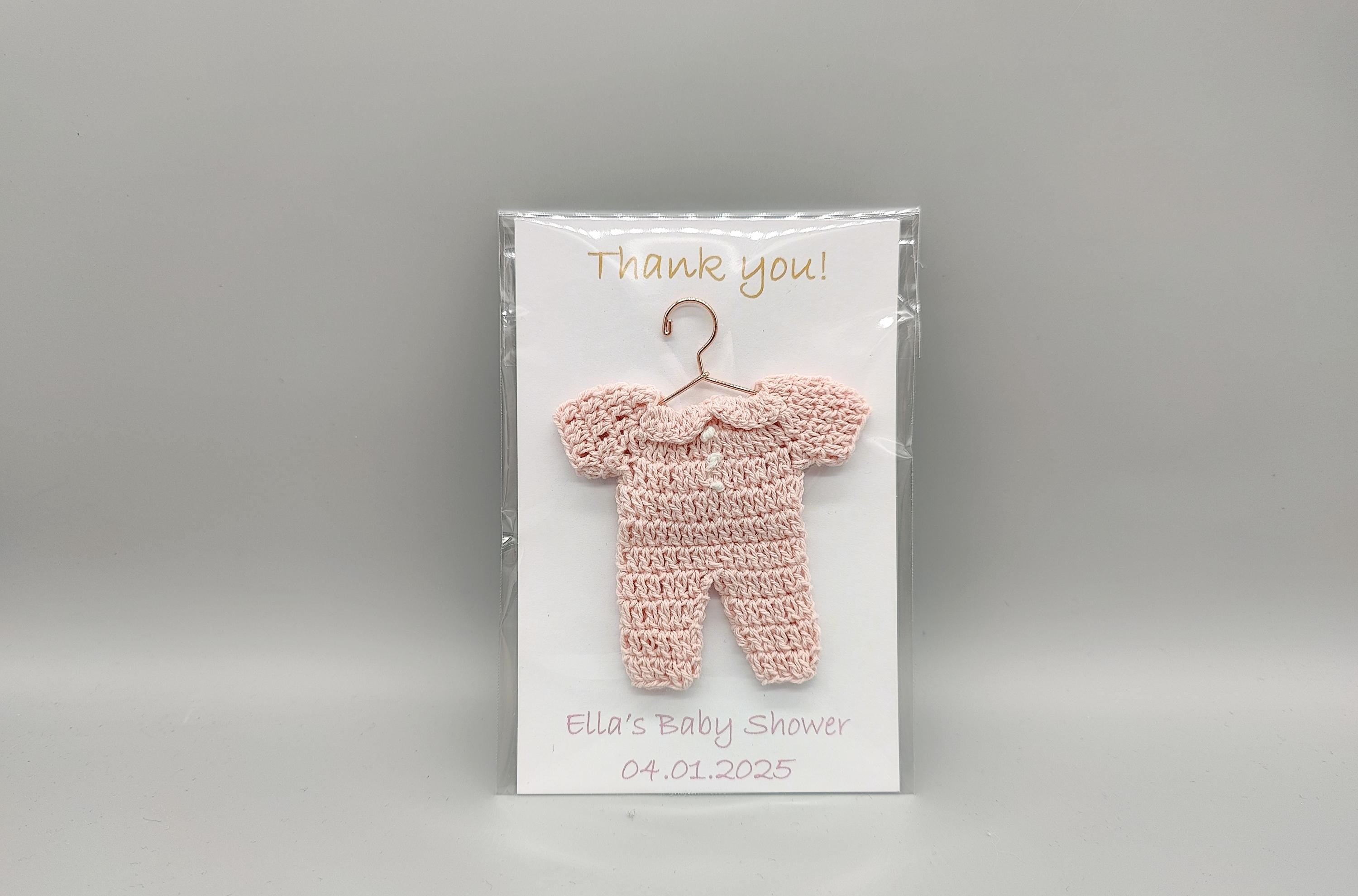 Baby Shower Favor with Custom Name & Date, Crochet Baby Favor with Hanger, Personalized Card w/ Color Choice. Ships Fast and Free! Set of 6