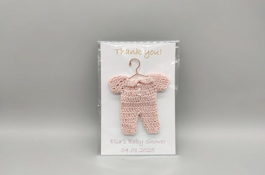 Baby Shower Favor with Custom Name & Date, Crochet Baby Favor with Hanger, Personalized Card w/ Color Choice. Ships Fast and Free! Set of 6