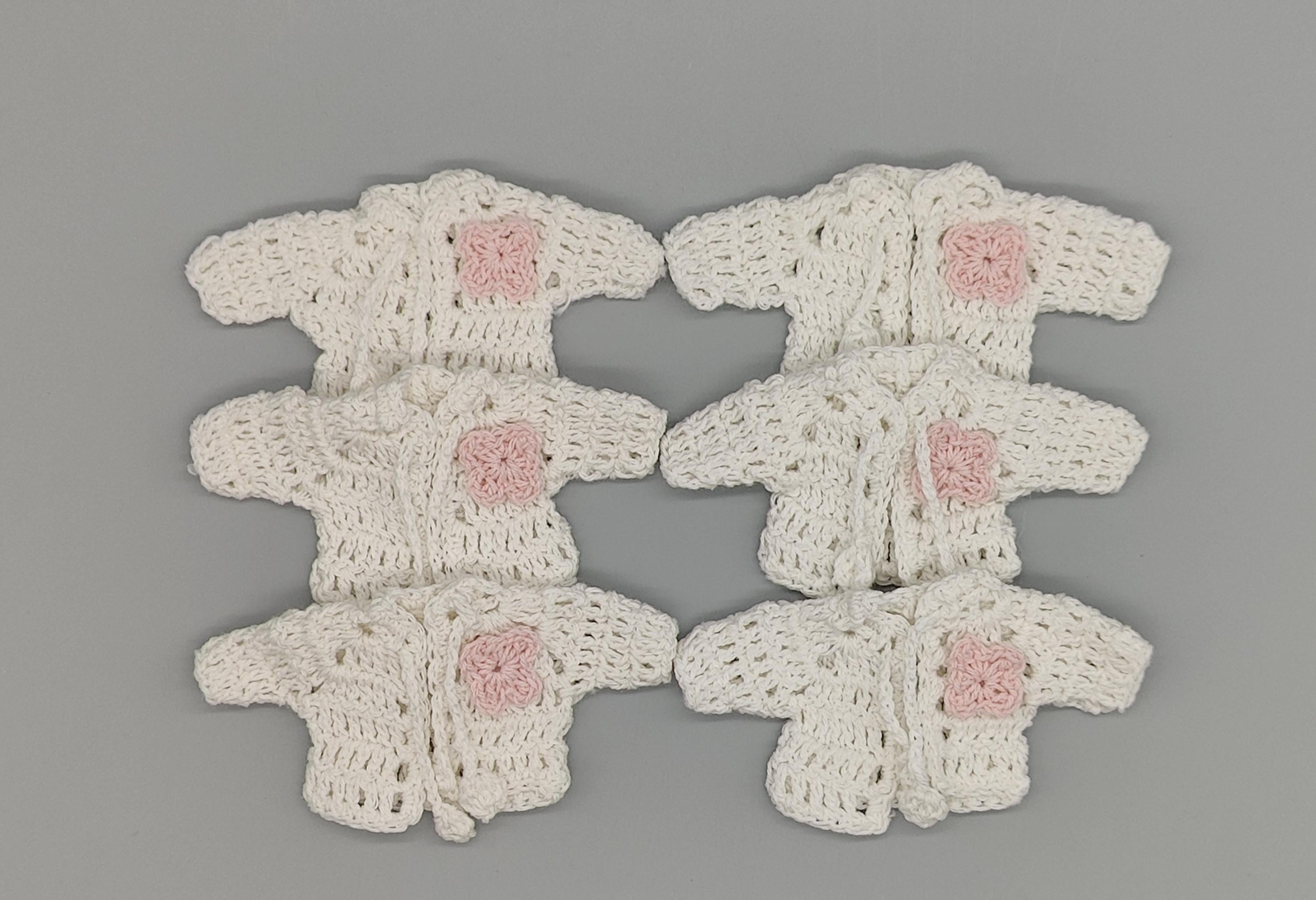 Set of 6 Mini Crochet Baby Jackets in White with Pink Flower & Drawstrings - Shower Favors, Keepsakes, Party Decor