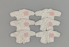 Set of 6 Mini Crochet Baby Jackets in White with Pink Flower & Drawstrings - Shower Favors, Keepsakes, Party Decor