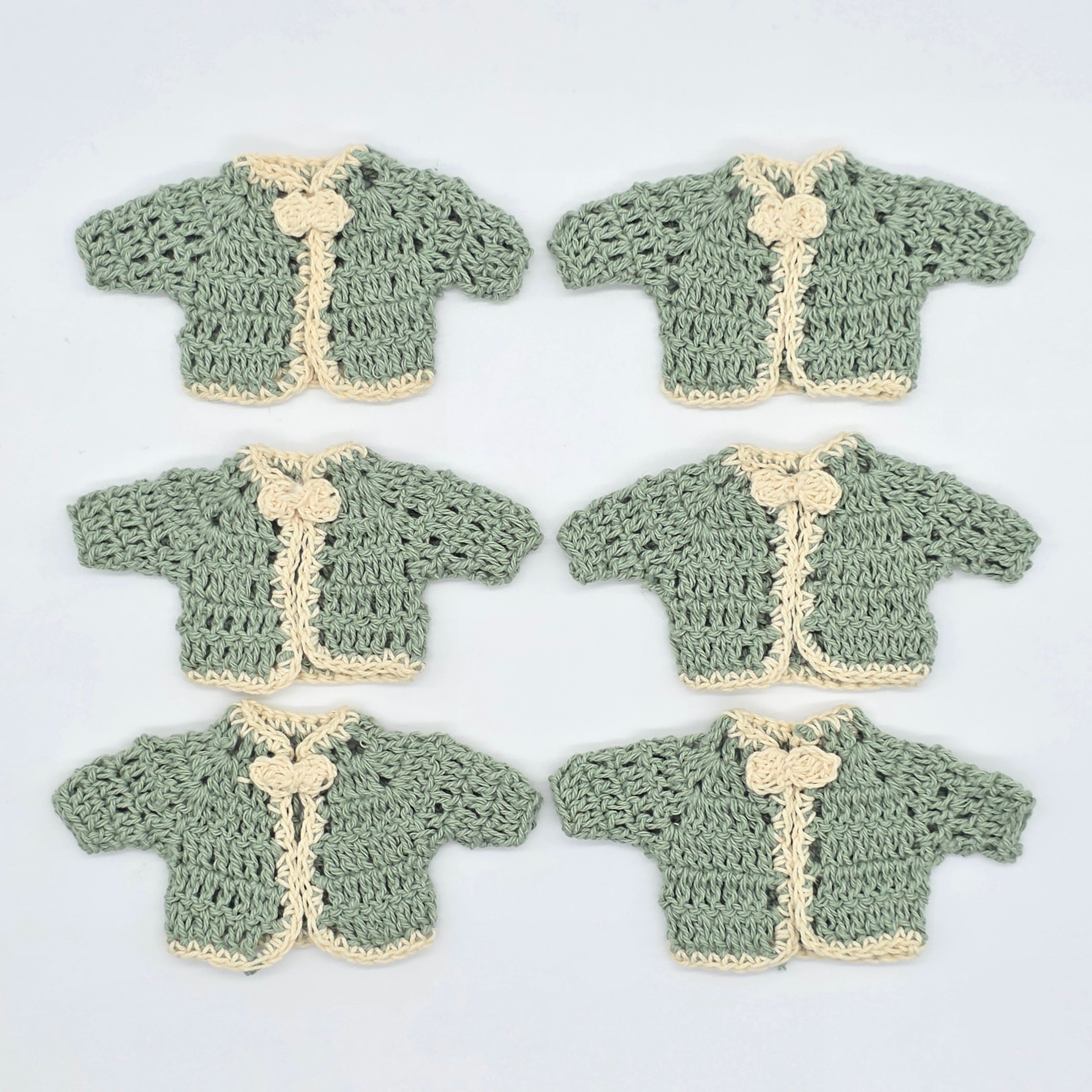 Set of 6 Mini Crochet Baby Sweater Favors, Sage Green & Cream Boho Baby Shower Favors, Gender Neutral Cardigan Favors with Gold Rack