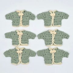 Set of 6 Mini Crochet Baby Sweater Favors, Sage Green & Cream Boho Baby Shower Favors, Gender Neutral Cardigan Favors with Gold Rack