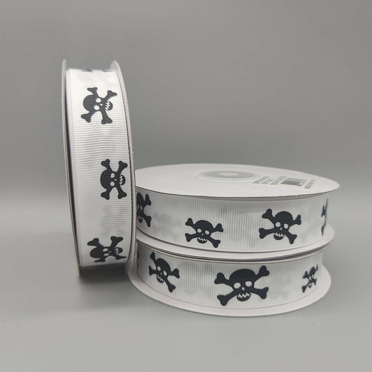 Skull & Crossbones Ribbon, 7/8" Black and White Grosgrain Ribbon, Pirate Themed Craft Supplies, Halloween Ribbon, Generous 25 Yard Spool