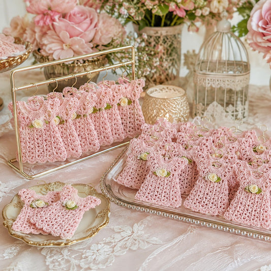 Set of 6 Mini Crochet Baby Pink Dress Favors with Cream Flower Accent - Quinceanera and Baby Shower Favors