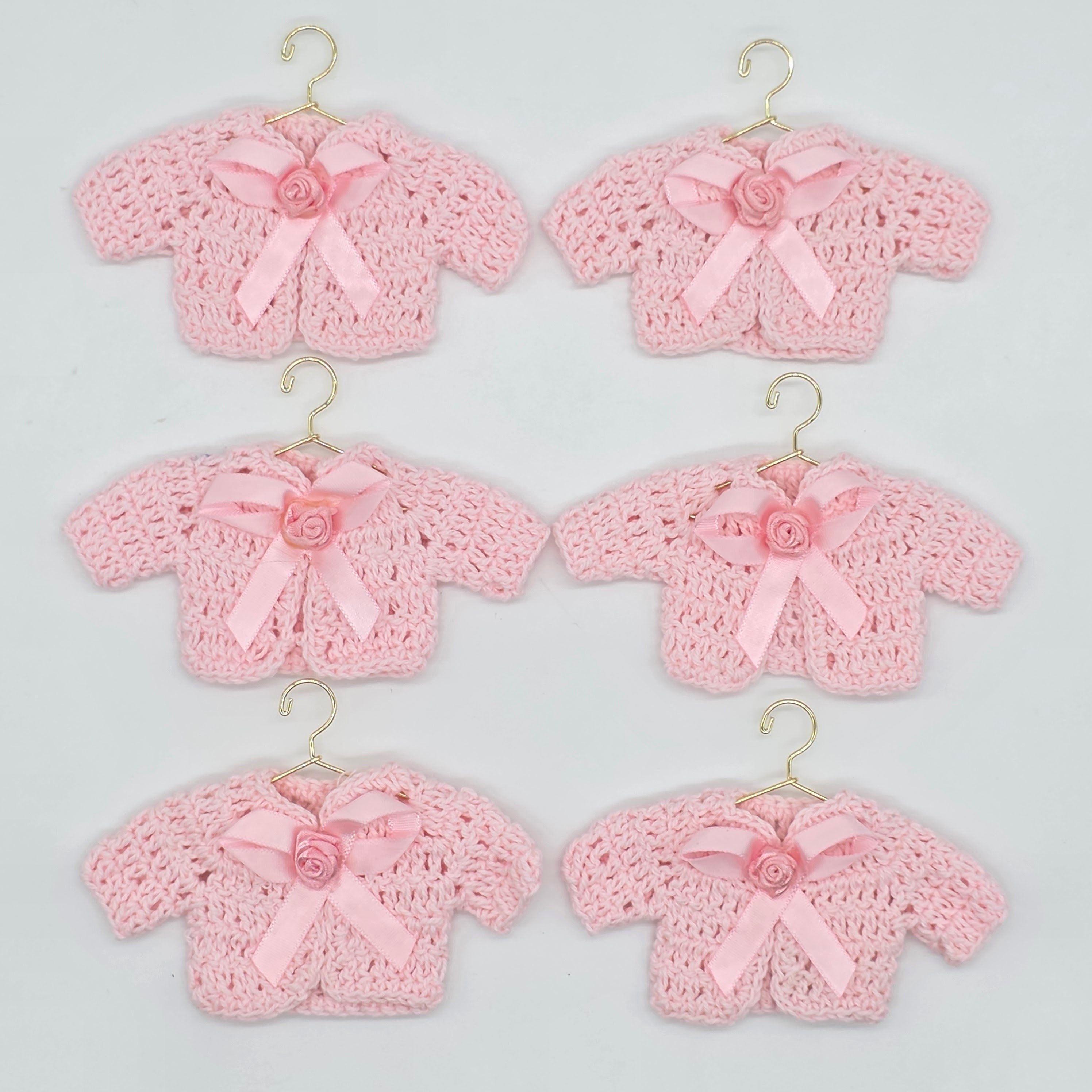 Mini Pink Crochet Cardigan Favors with Bow & Rose, Baby Shower Party Favors, Dollhouse Clothes, Set of 6 with Wire Hangers & Display Rack