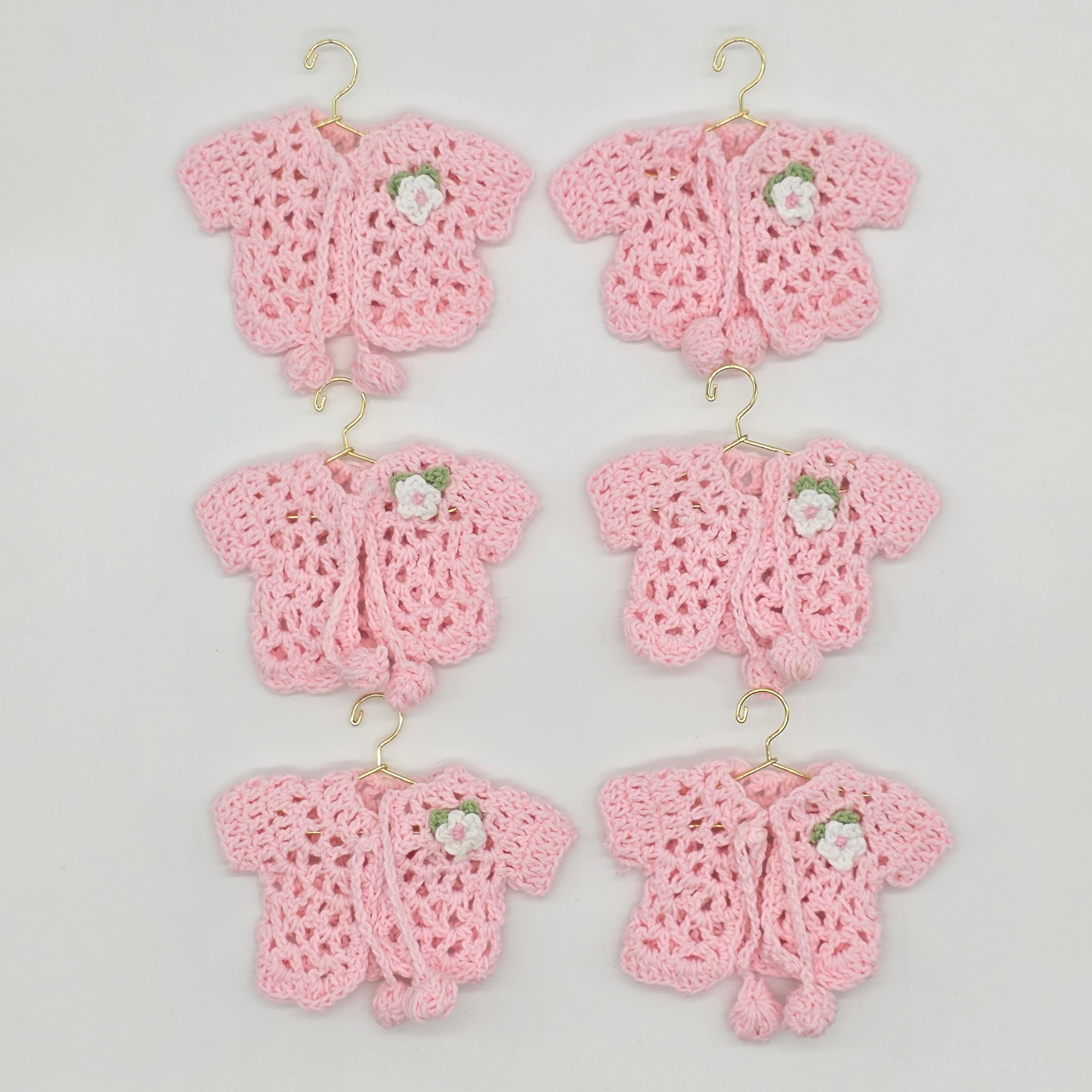 6 Pink Mini Crochet Favors - Baby Shower Decor, Tiny Cardigan Jacket, Gender Reveal Party Keepsake, Miniature Hanger & Rack Options