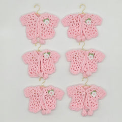 6 Pink Mini Crochet Favors - Baby Shower Decor, Tiny Cardigan Jacket, Gender Reveal Party Keepsake, Miniature Hanger & Rack Options