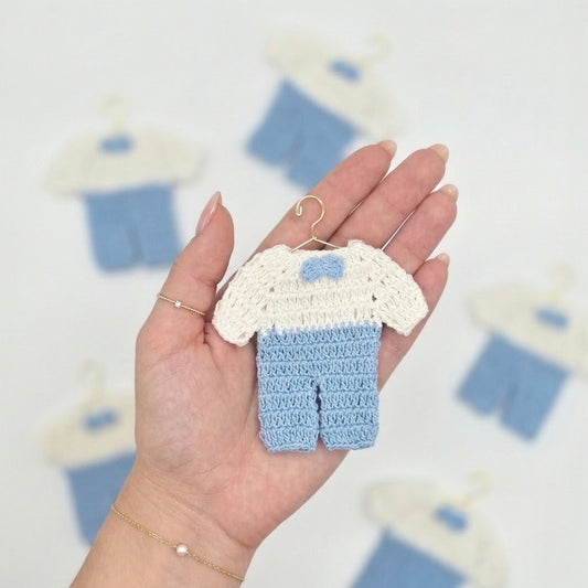 Set of 6 Mini Crochet Baby Boy Outfits with Bow Tie, Handmade Baby Shower Favors, Mini Clothes with Gold Hangers & Display Rack