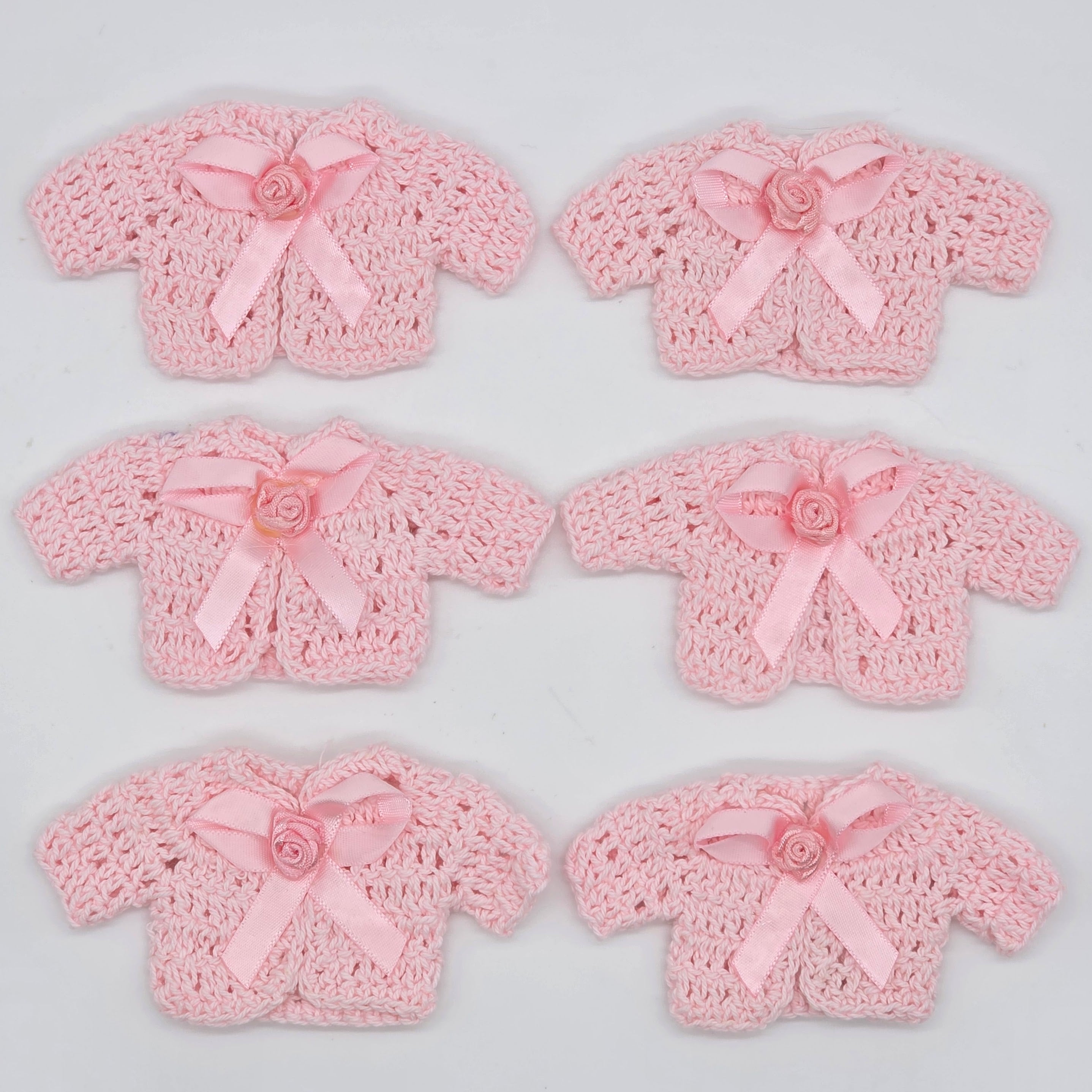 Mini Pink Crochet Cardigan Favors with Bow & Rose, Baby Shower Party Favors, Dollhouse Clothes, Set of 6 with Wire Hangers & Display Rack