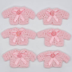 Mini Pink Crochet Cardigan Favors with Bow & Rose, Baby Shower Party Favors, Dollhouse Clothes, Set of 6 with Wire Hangers & Display Rack