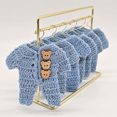 Mini Crochet Blue Onesie Party Favors - Set of 6 with Hanger & Hanging Rack Options - Tiny Teddy Bear Baby Shower