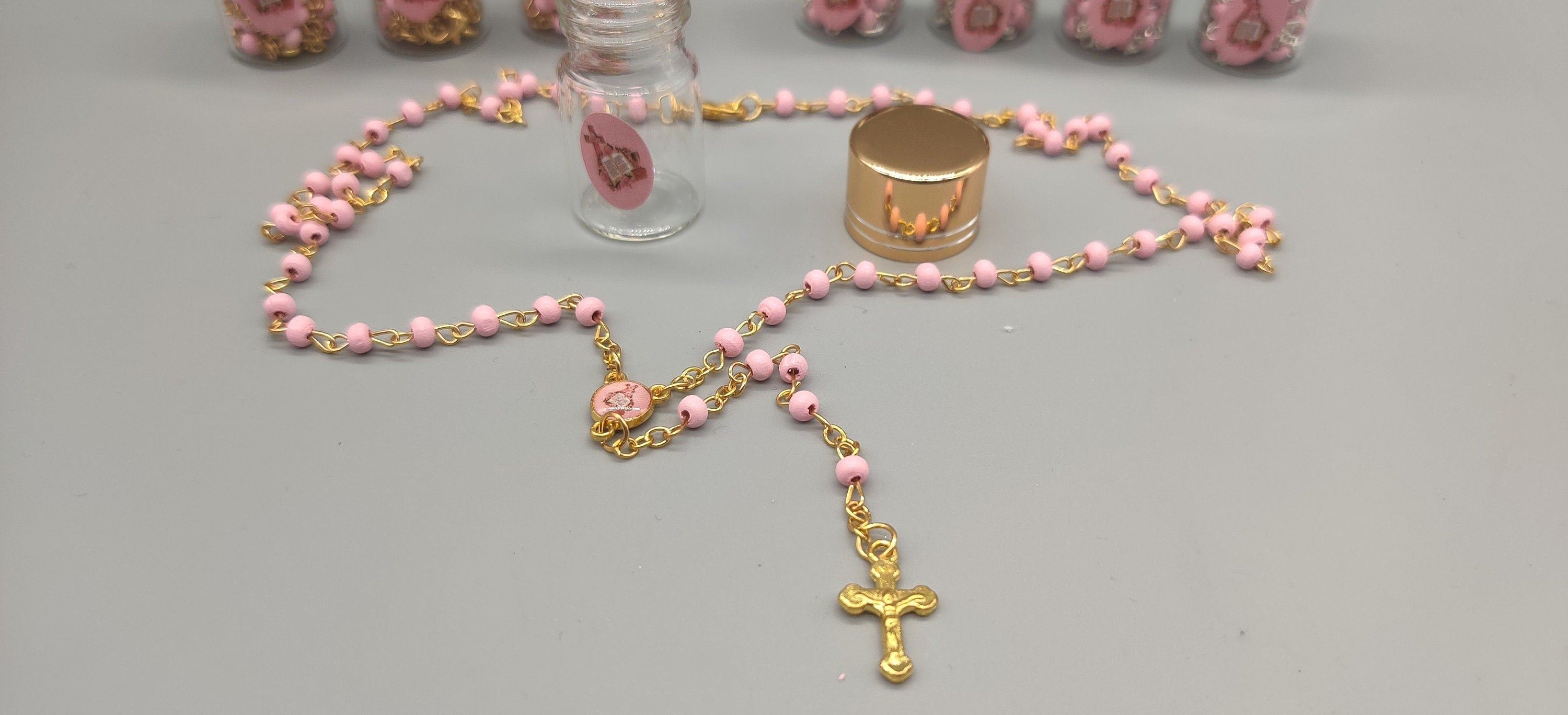 Baptism Favor - Baby Pink Beaded Rosary Necklace Crucifix Elegant Glass bottle Set of 12 - Choice of Gold or Silver - Recuerdos de Bautizo