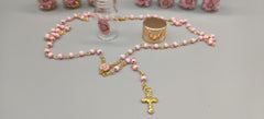 Baptism Favor - Baby Pink Beaded Rosary Necklace Crucifix Elegant Glass bottle Set of 12 - Choice of Gold or Silver - Recuerdos de Bautizo