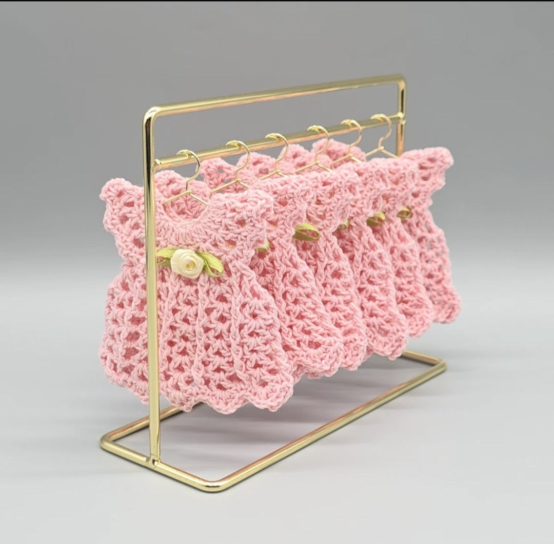 Mini Crochet Dress Favors Set of 6 - Pink Baby Shower Decor, Christening Decorations, Tiny Crocheted Dress Keepsakes with Hangers/Rack