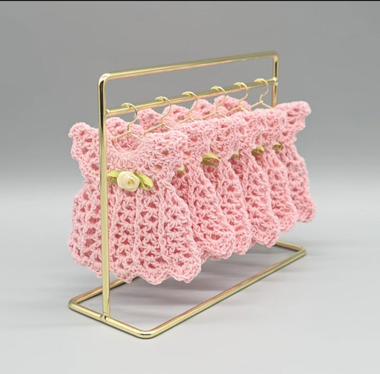 Mini Crochet Dress Favors Set of 6 - Pink Baby Shower Decor, Christening Decorations, Tiny Crocheted Dress Keepsakes with Hangers/Rack