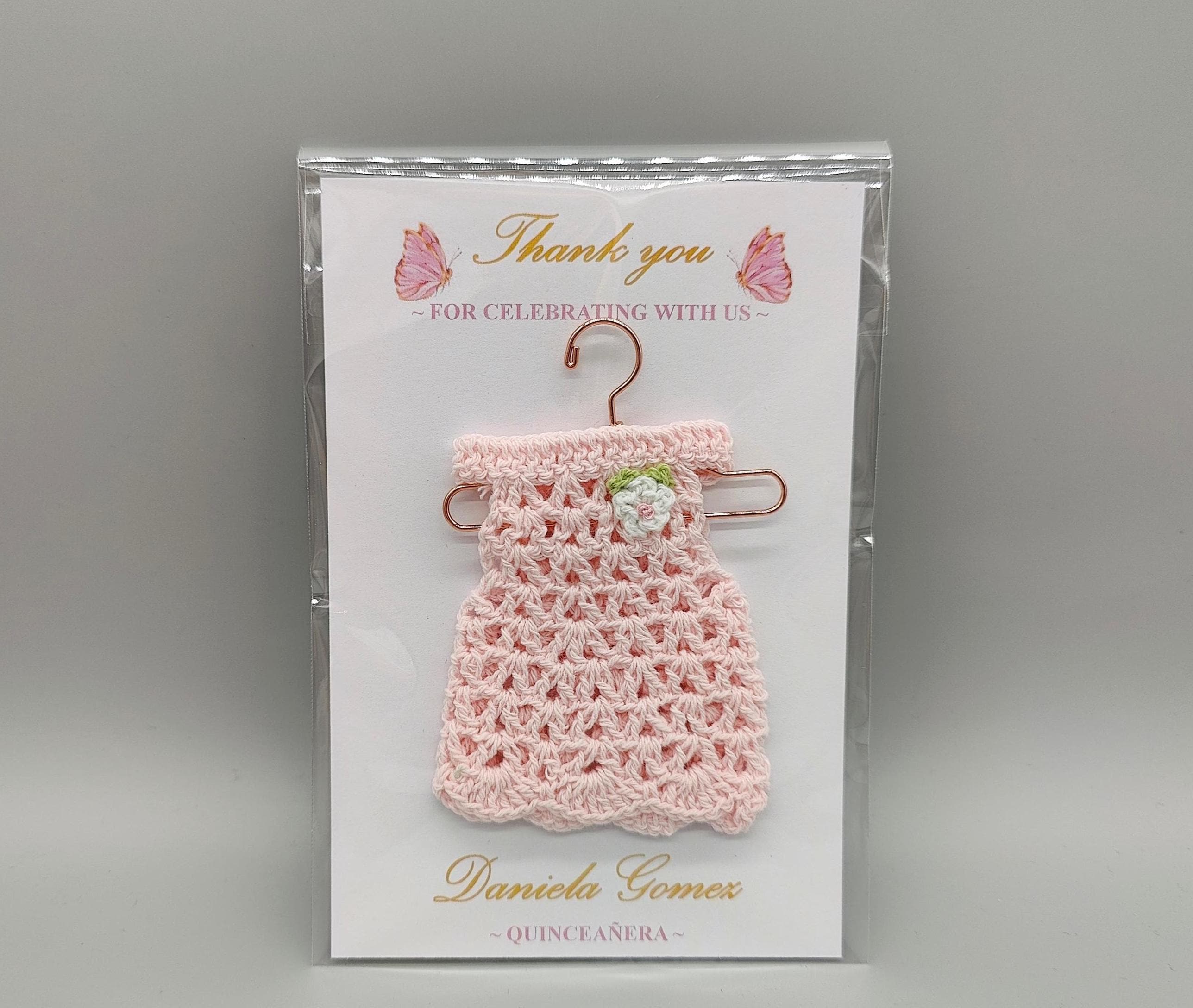 Quinceanera Party Favor Dress with flower. Custom Name & Date. Crochet Favor with Hanger. Personalized Card and dress. Ships Free! Set of 6
