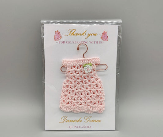 Quinceanera Party Favor Dress with flower. Custom Name & Date. Crochet Favor with Hanger. Personalized Card and dress. Ships Free! Set of 6
