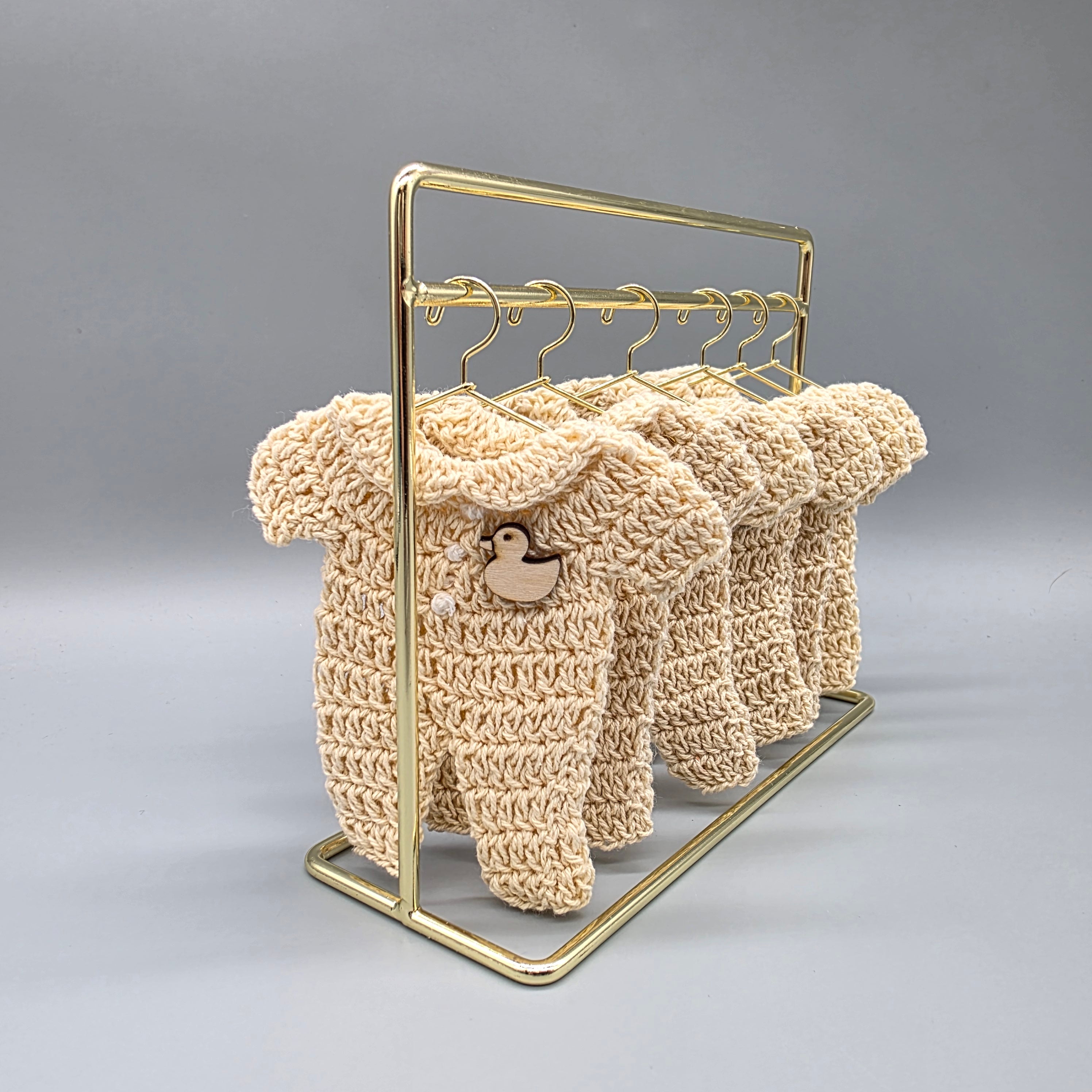 Set of 6 - Baby Cream Crochet Onesie with Wooden Duckie Charm, Baby shower favors, Crochet mini outfit