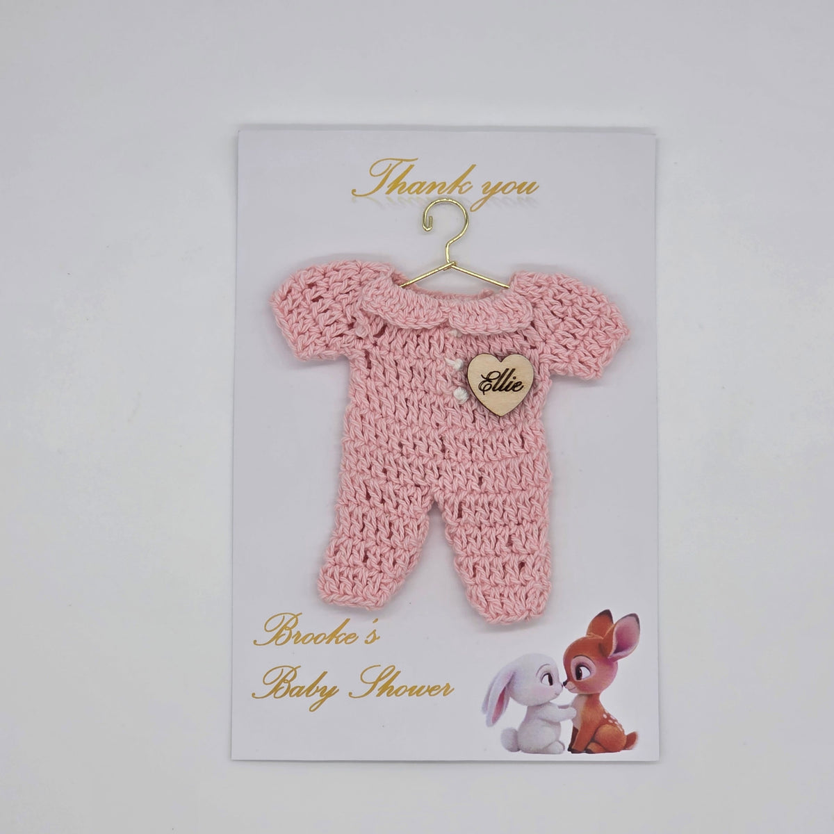 Set of 6 Personalized Baby Shower Party Gift - Custom Crochet Pink Onesie Favors with Engraved Heart on Exclusive 4x6 Art Card and Cello