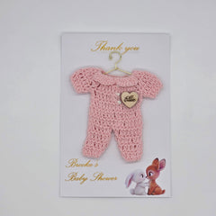 Set of 6 Personalized Baby Shower Party Gift - Custom Crochet Pink Onesie Favors with Engraved Heart on Exclusive 4x6 Art Card and Cello