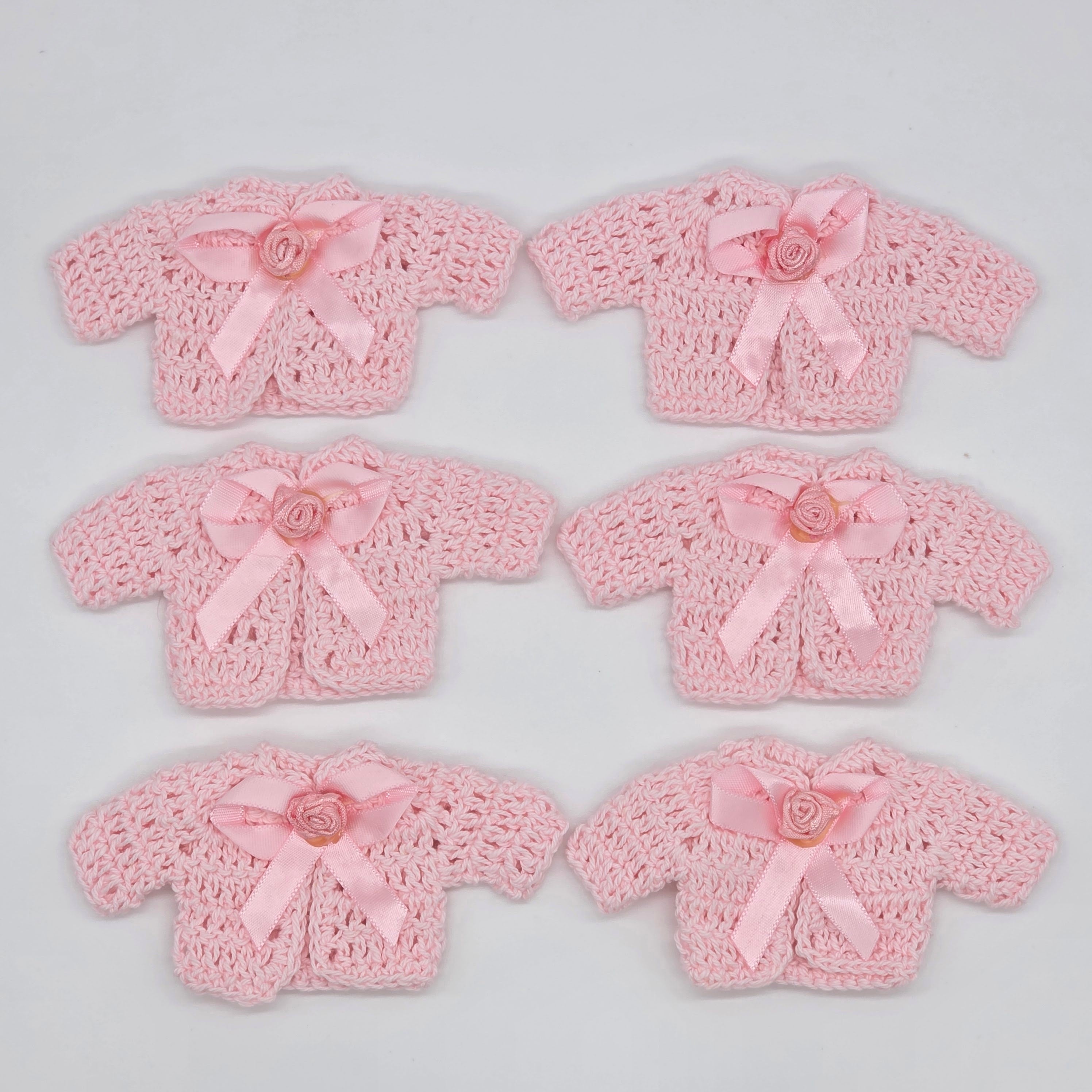 6pc Mini Pink Crochet Jacket Party Favor - Tiny Sweater Party Gift for Baby Shower & Reveal | With Gold or Rose Gold Hangers & Rack